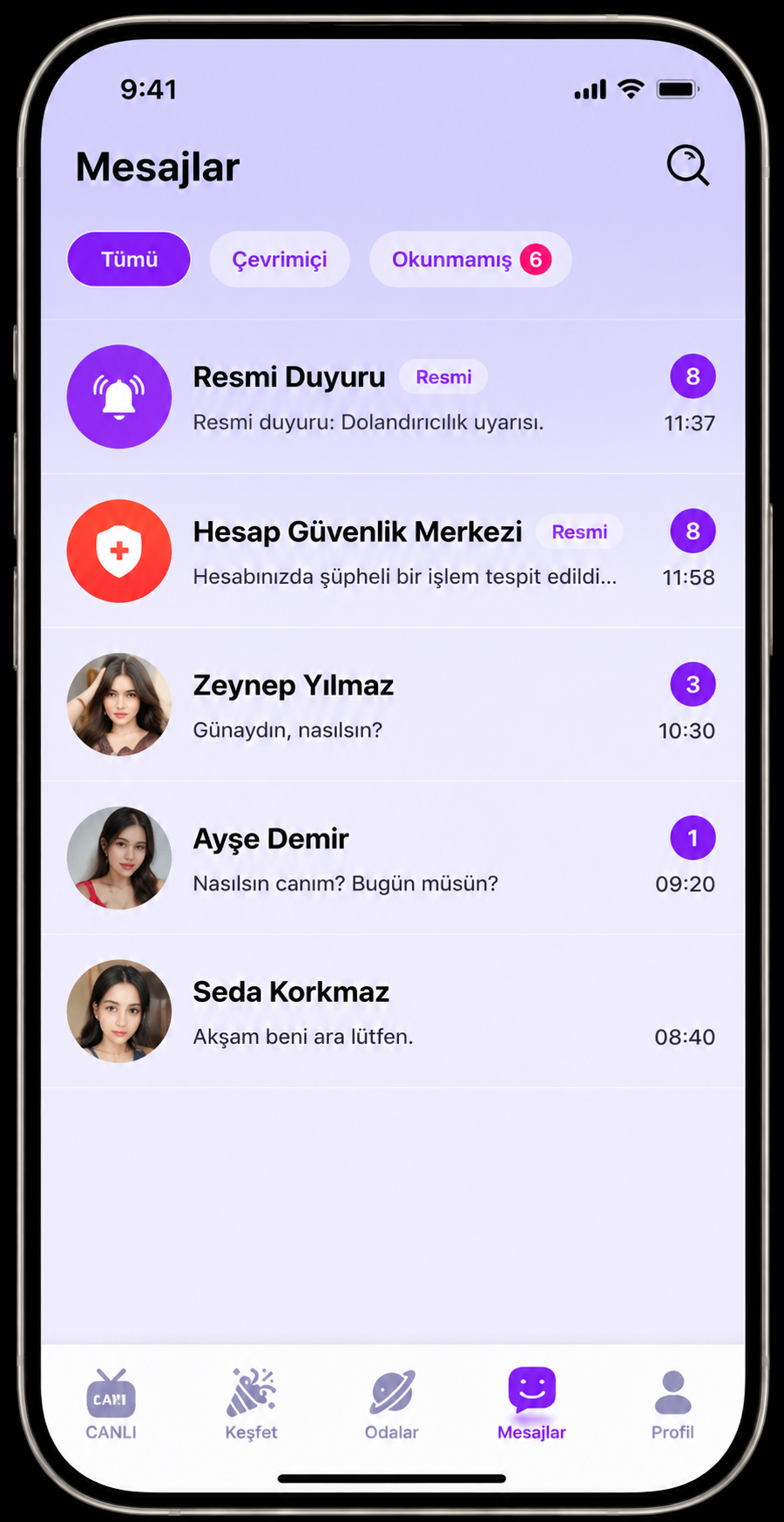 Özel Mesajlaşma mobil uygulama ekranı